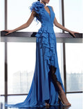 Evening Gown Floral Dress Formal Prom Court Train Sleeveless V Neck Fall Wedding Guest with Ruffles Shouder Flower
