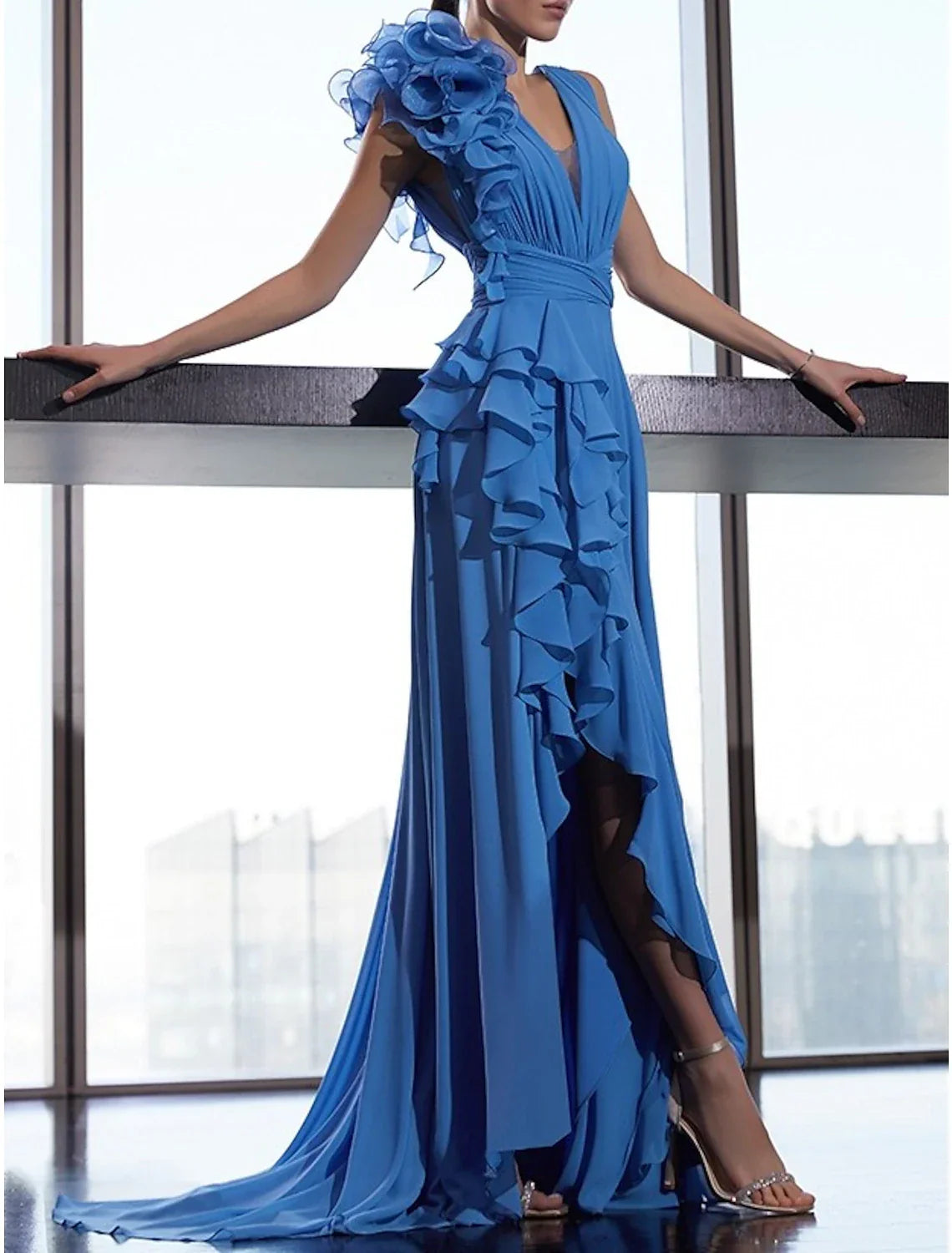 Evening Gown Floral Dress Formal Prom Court Train Sleeveless V Neck Fall Wedding Guest with Ruffles Shouder Flower