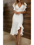 White Mermaid V-Neck Ruffle Sleeve Midi Prom Dress