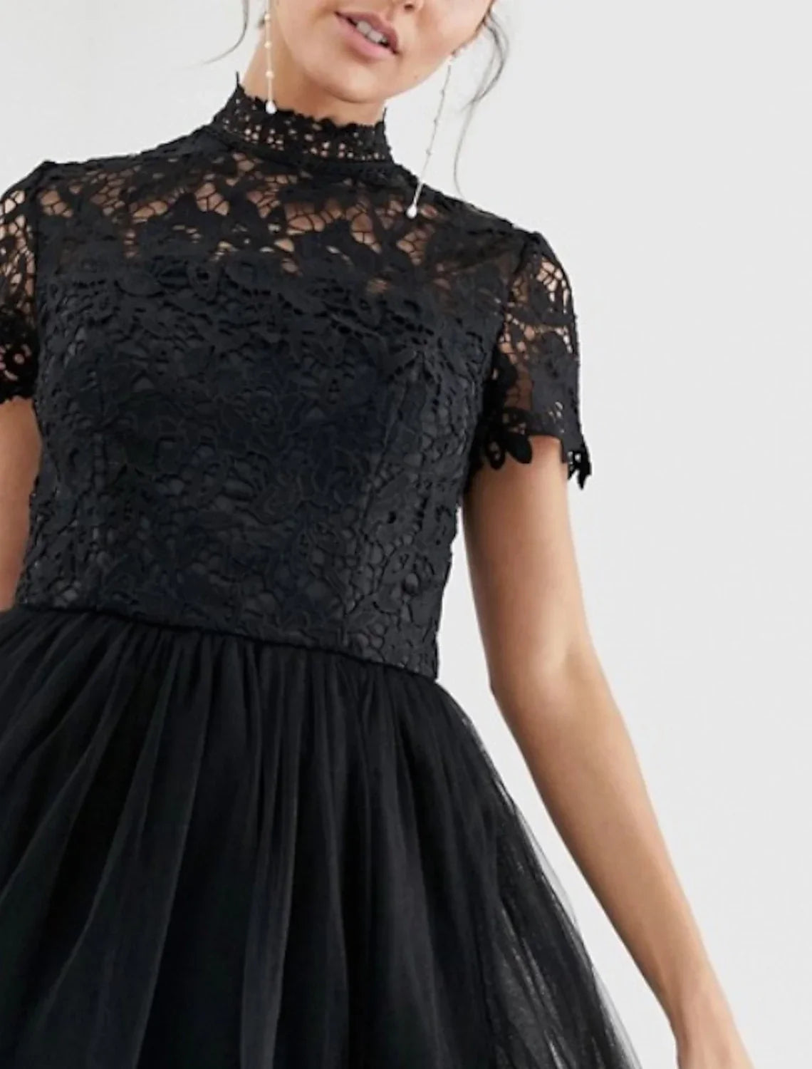 Black Cocktail Dresses Little Dress Dress Party Wear Wedding Guest Tea Length Short Sleeve High Neck Wednesday Addams Family with Pleats
