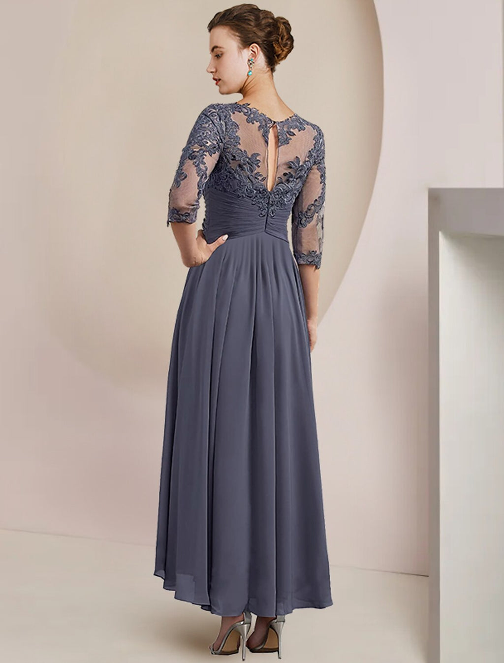 Two Piece A-Line Mother of the Bride Dress Formal Wedding Guest Elegant Scoop Neck Tea Length 3/4 Length Sleeve Wrap Included with Appliques Ruching