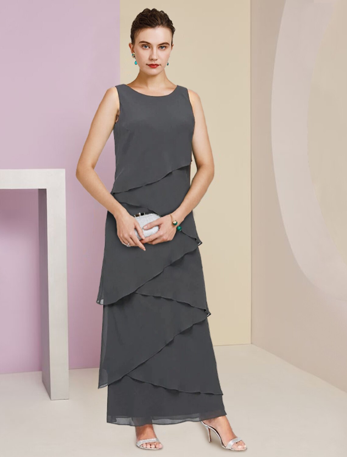 Sheath / Column Mother of the Bride Dress Formal Wedding Guest Elegant Scoop Neck Ankle Length Sleeveless Wrap Included with Cascading Ruffles
