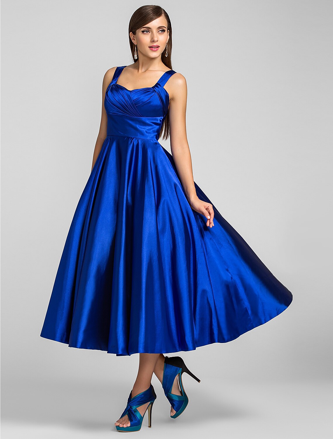 Minimalist Dress Wedding Guest Tea Length Sleeveless Square Neck with Criss Cross