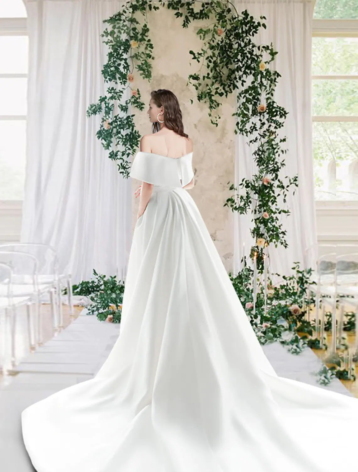 Casual Wedding Dresses Short Sleeve Off Shoulder With Ruched