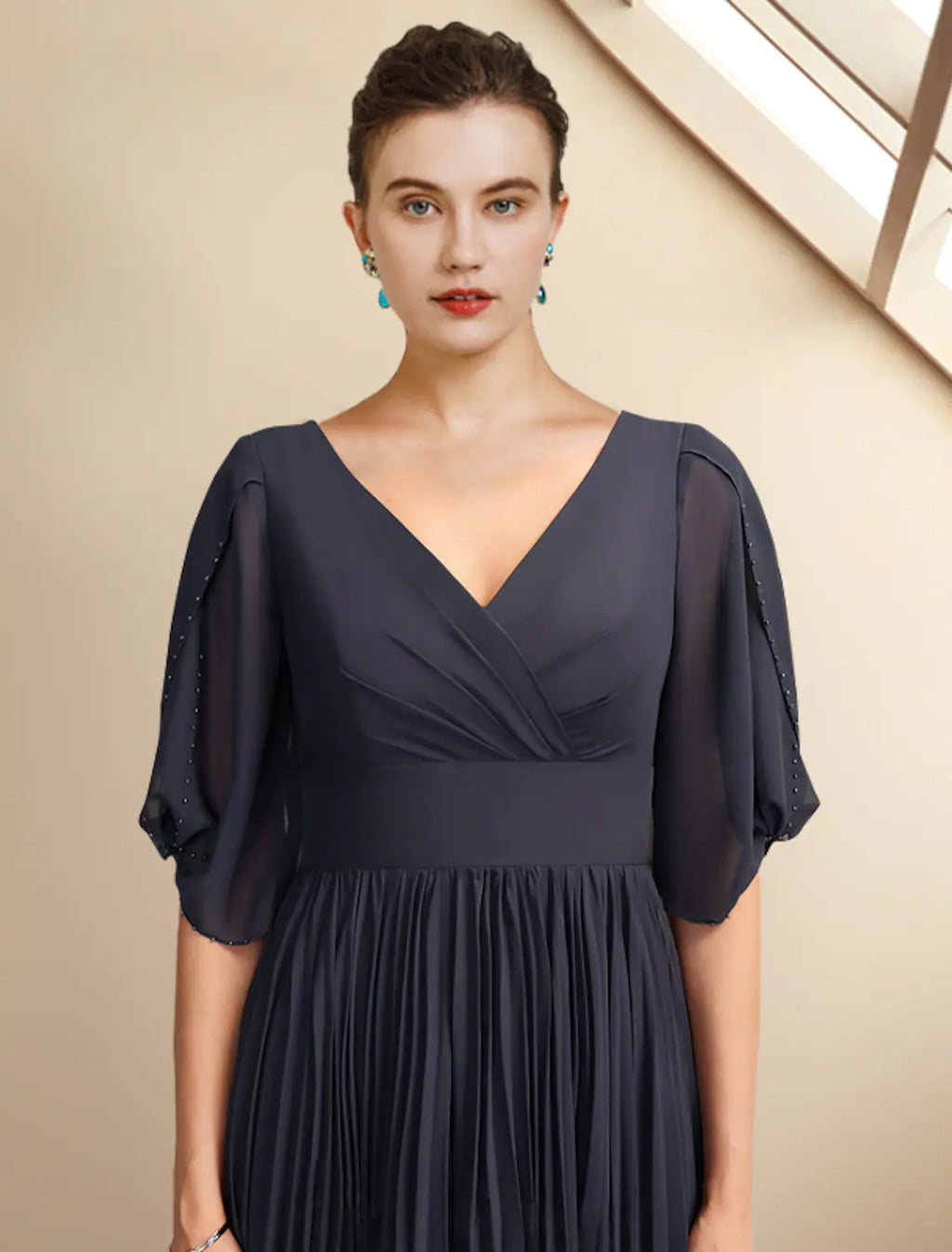 Mother of the Bride Dress Plus Size Elegant V Neck Half Sleeve with Pleats
