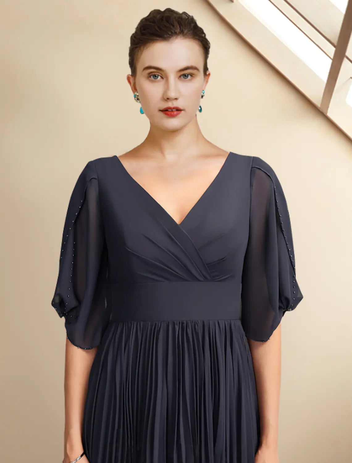 Mother of the Bride Dress Plus Size Elegant V Neck Half Sleeve with Pleats