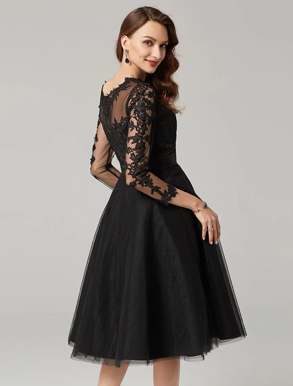 Wedding Guest Knee Length 3/4 Length Sleeve Illusion Neck Over with Appliques