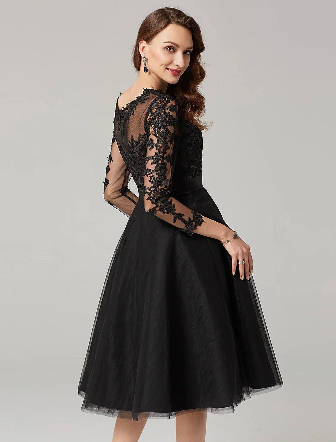 Wedding Guest Knee Length 3/4 Length Sleeve Illusion Neck Over with Appliques