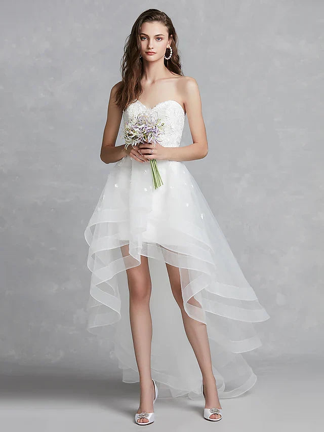 White Open Back Little Dresses Asymmetrical A-Line Strapless With Appliques