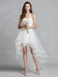White Open Back Little Dresses Asymmetrical A-Line Strapless With Appliques
