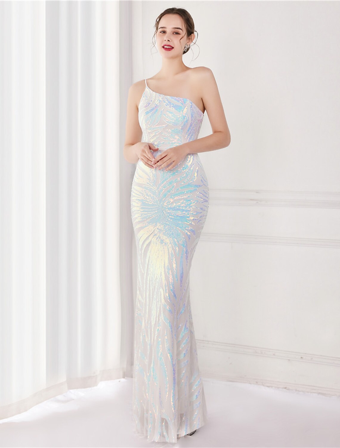 Evening Gown Elegant Dress Wedding Floor Length Sleeveless One Shoulder V Back