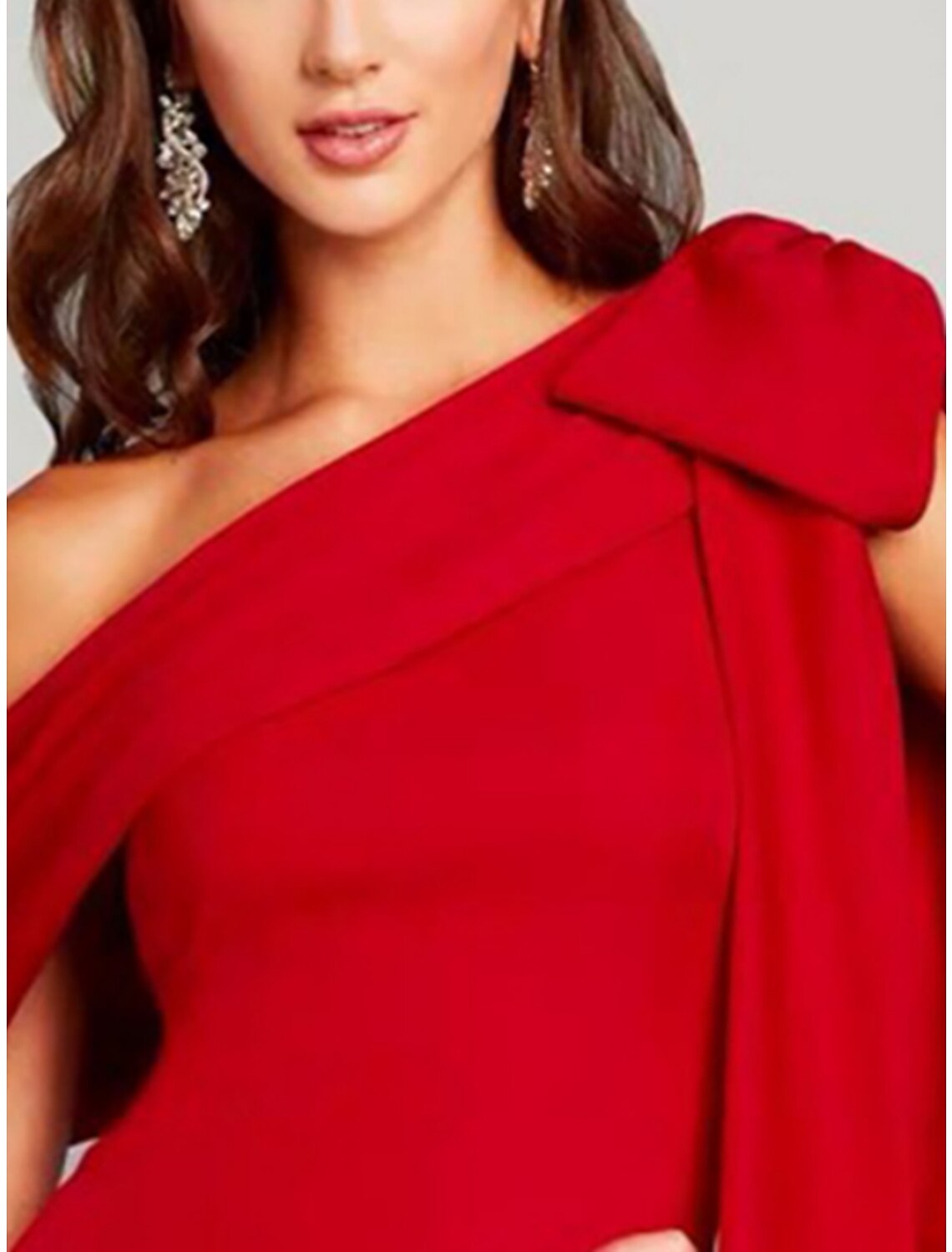 Green Sheath / Column Evening Gown Elegant Dress Formal Sweep / Brush Train Christmas Red Dress Short Sleeve One Shoulder Charmeuse with Bow(s) Pleats Slit