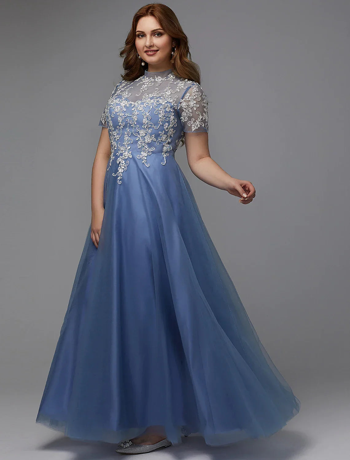 Plus Size Dress Wedding Guest Floor Length Short Sleeve High Neck Lace-up with Appliques