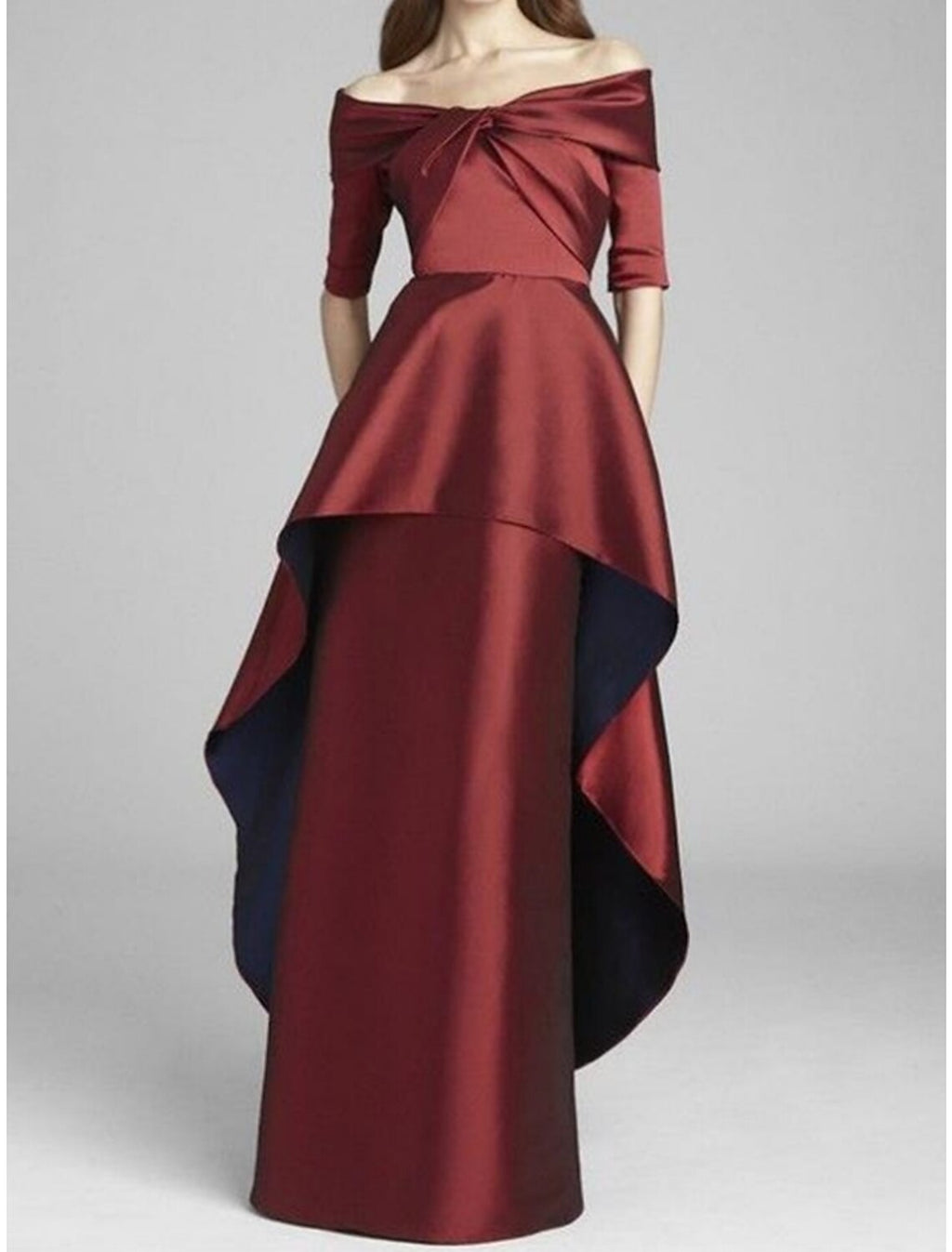 Mother of the Bride Dress Wedding Guest Party Elegant Off Shoulder Floor Length Half Sleeve with Tier Ruching