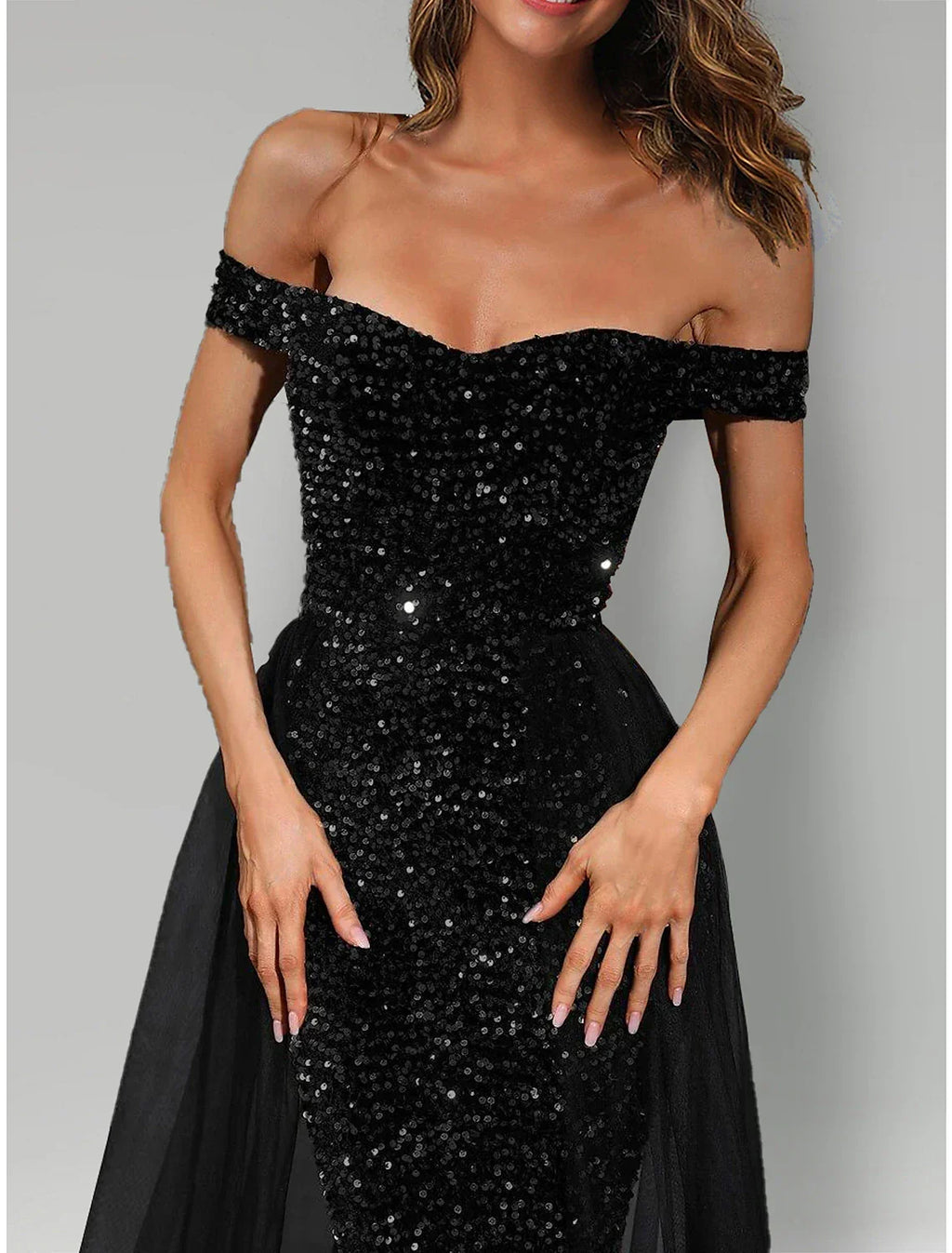 Black Mermaid / Trumpet Evening Gown Dress Formal Sweep / Brush Train Sleeveless Off Shoulder