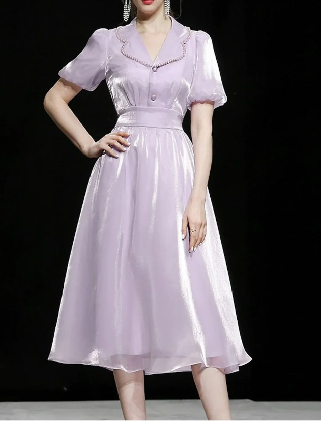 Vintage Dress Party Wear Length Short Sleeve Shirt Collar with Buttons