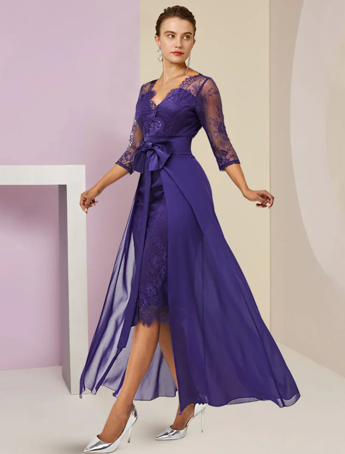 Two Piece Sheath / Column Mother of the Bride Dress Formal Fall Wedding Guest Elegant detachable V Neck Knee Length 3/4 Length Sleeve with Bow(s)