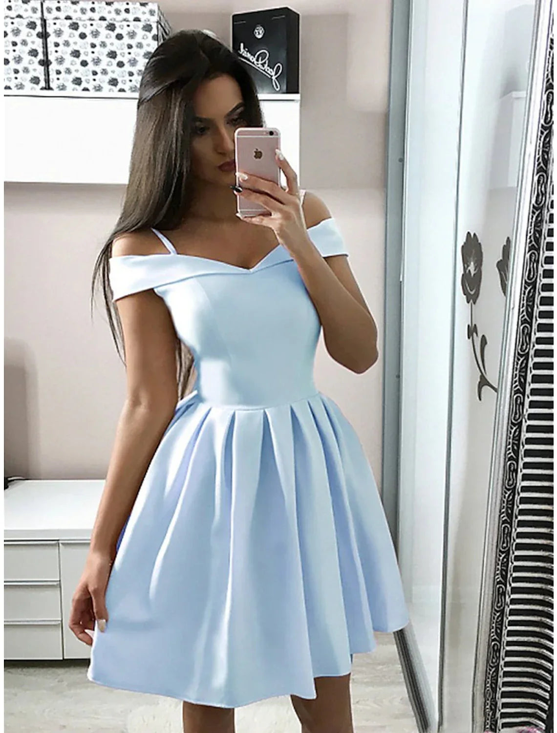 Pink Cocktail Dresses Minimalist Dress Homecoming Party Wear Knee Length Sleeveless V Neck Dress Fabric with Pleats