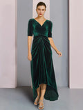 Mother of the Bride Dress Wedding Guest Elegant High Low V Neck Asymmetrical Tea Length Short Sleeve with Ruched