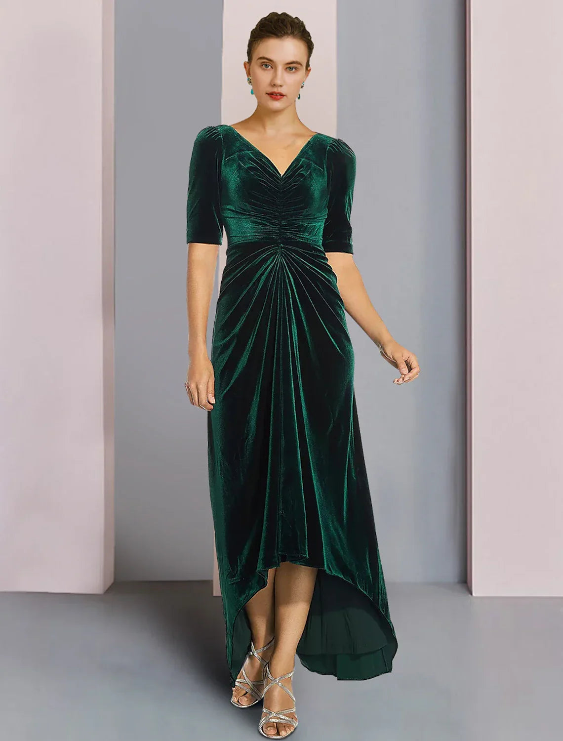 Mother of the Bride Dress Wedding Guest Elegant High Low V Neck Asymmetrical Tea Length Short Sleeve with Ruched