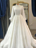 Engagement Vintage Formal Wedding Dresses Princess Long Sleeve High Neck Pleats Appliques