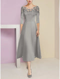 Mother of the Bride Dress Wedding Guest Elegant Scoop Neck Tea Length Half Sleeve with Ruching Solid Color