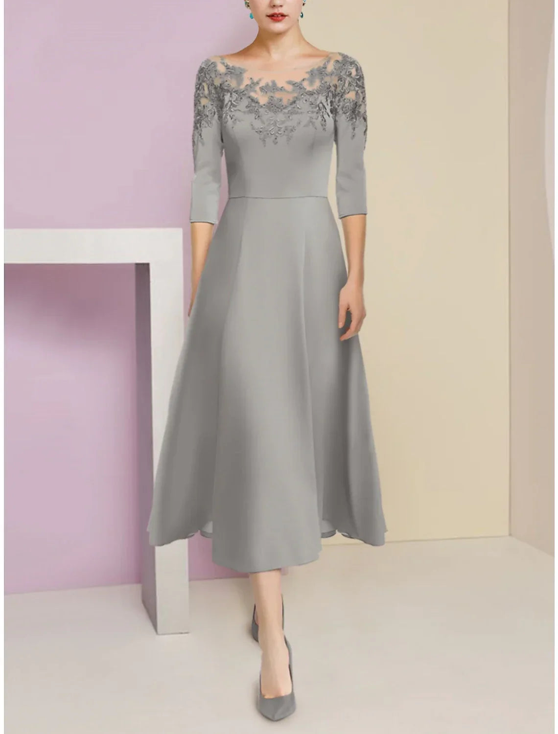 Mother of the Bride Dress Wedding Guest Elegant Scoop Neck Tea Length Half Sleeve with Ruching Solid Color
