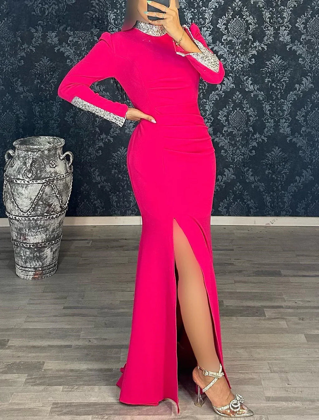 Black Mermaid Dress Plus Size Evening Gown Glittering Dress Formal Wedding Guest Floor Length Long Sleeve High Neck Fabric