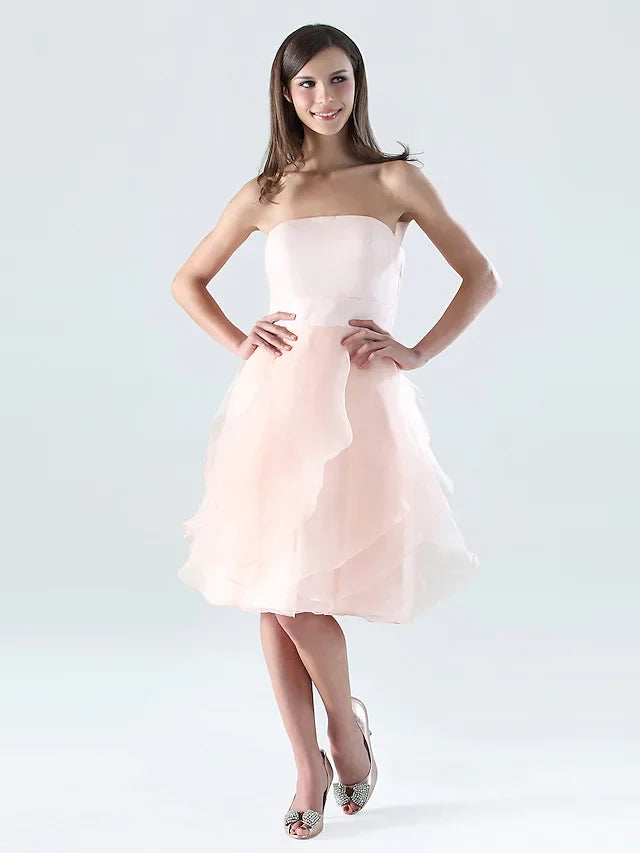 Bridesmaid Dress Strapless Sleeveless Open Back Knee Length with Ruffles