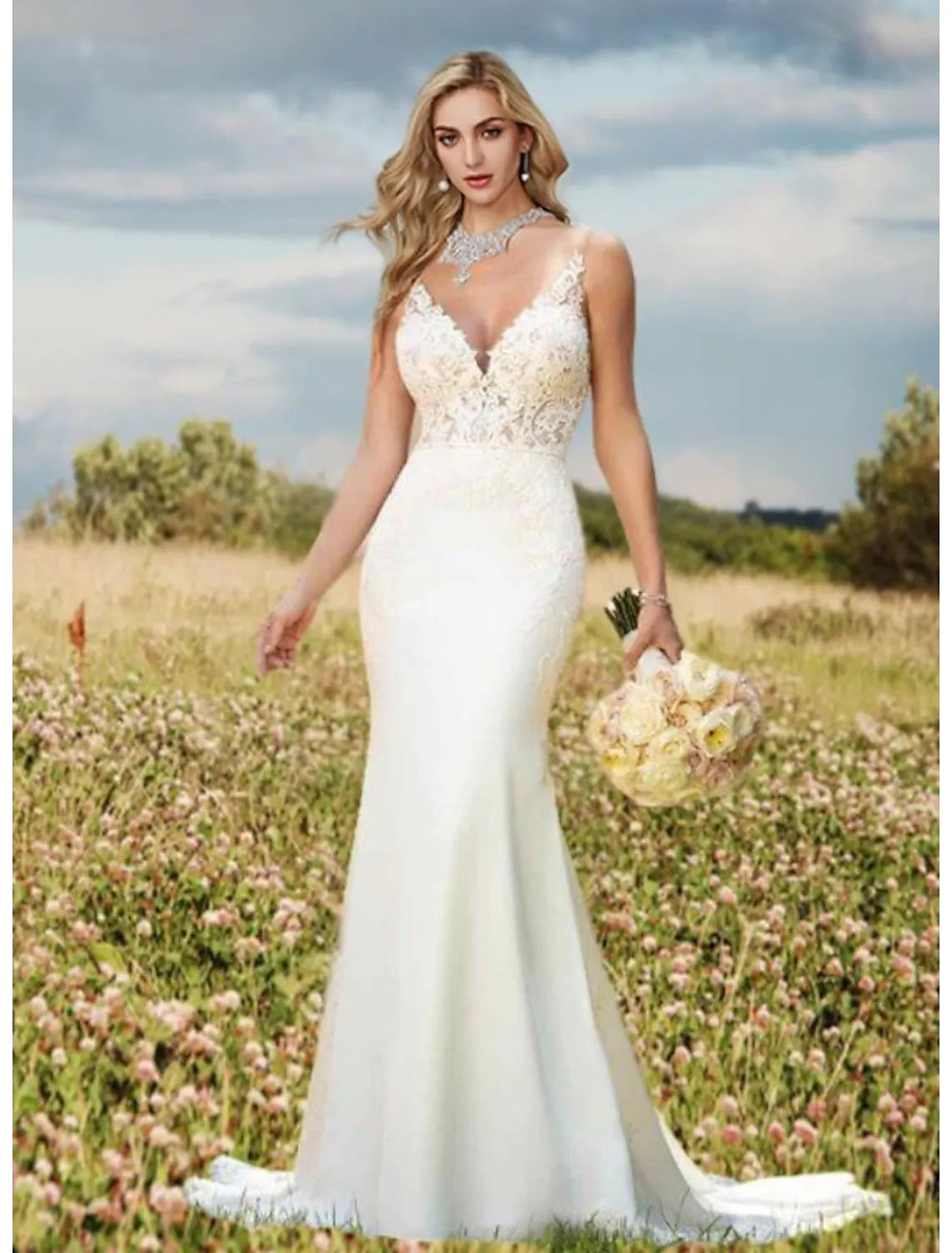Engagement Open Back Sexy Wedding Dresses V Neck Appliques