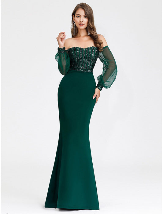 Elegant Red A-Line Classic-Neck Long-Sleeve Classic-Back Floor-Length Evening Dress