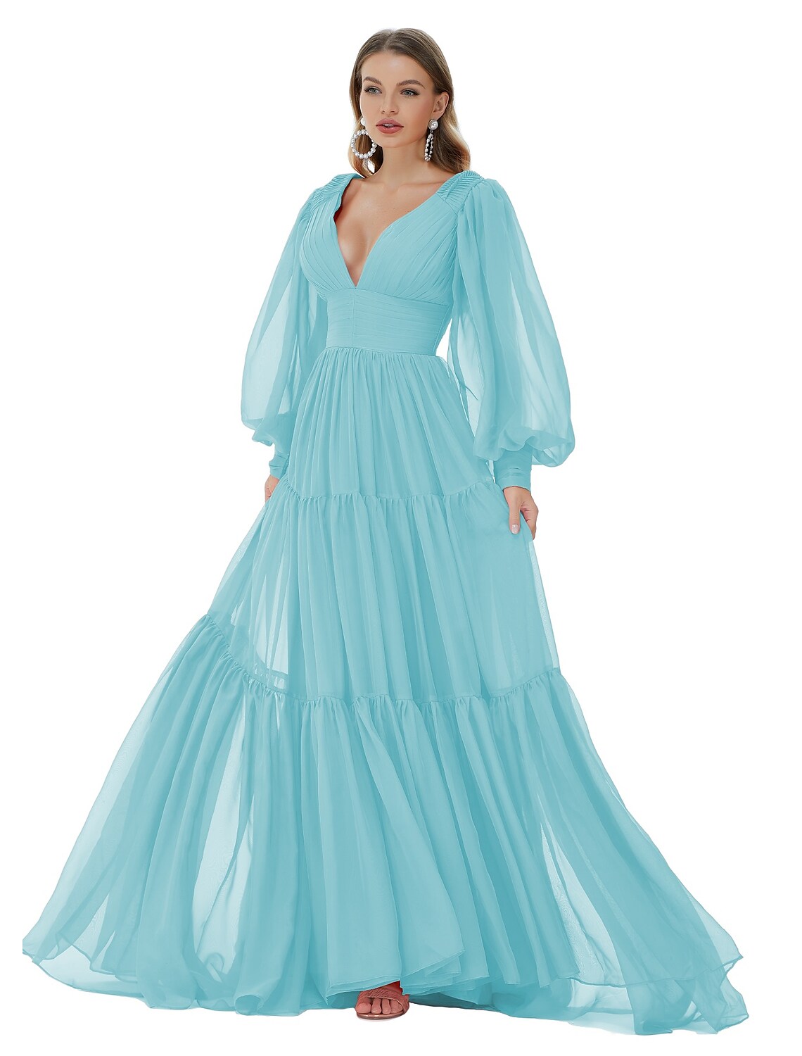 Evening Gown Sexy Dress Party Long Sleeve V Neck with Ruched