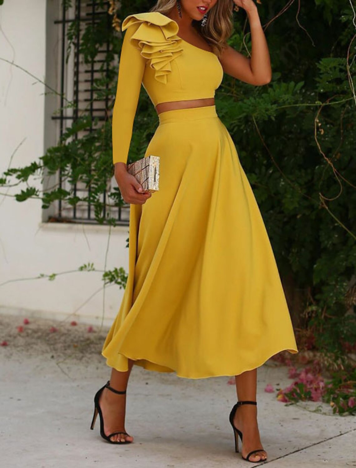 Cocktail Dresses Cut Out Dress Party Wear Wedding Guest Tea Length Long Sleeve One Shoulder Fabric with Ruffles