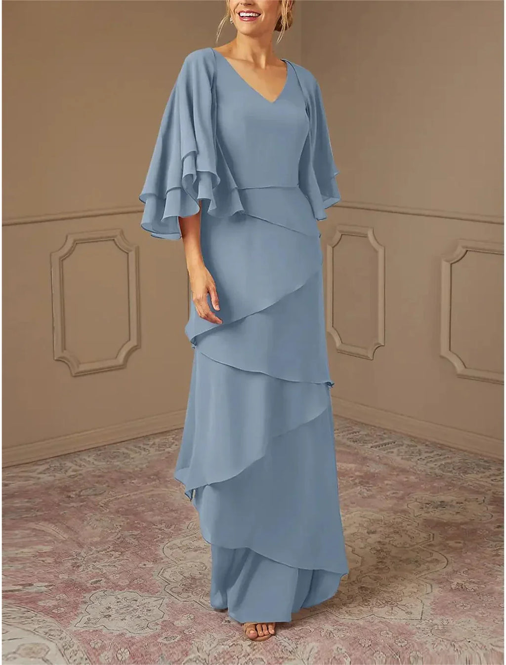 Mother of the Bride Dress Formal Wedding Guest Elegant V Neck Floor Length Half Sleeve Wrap Included with Cascading Ruffles Solid Color