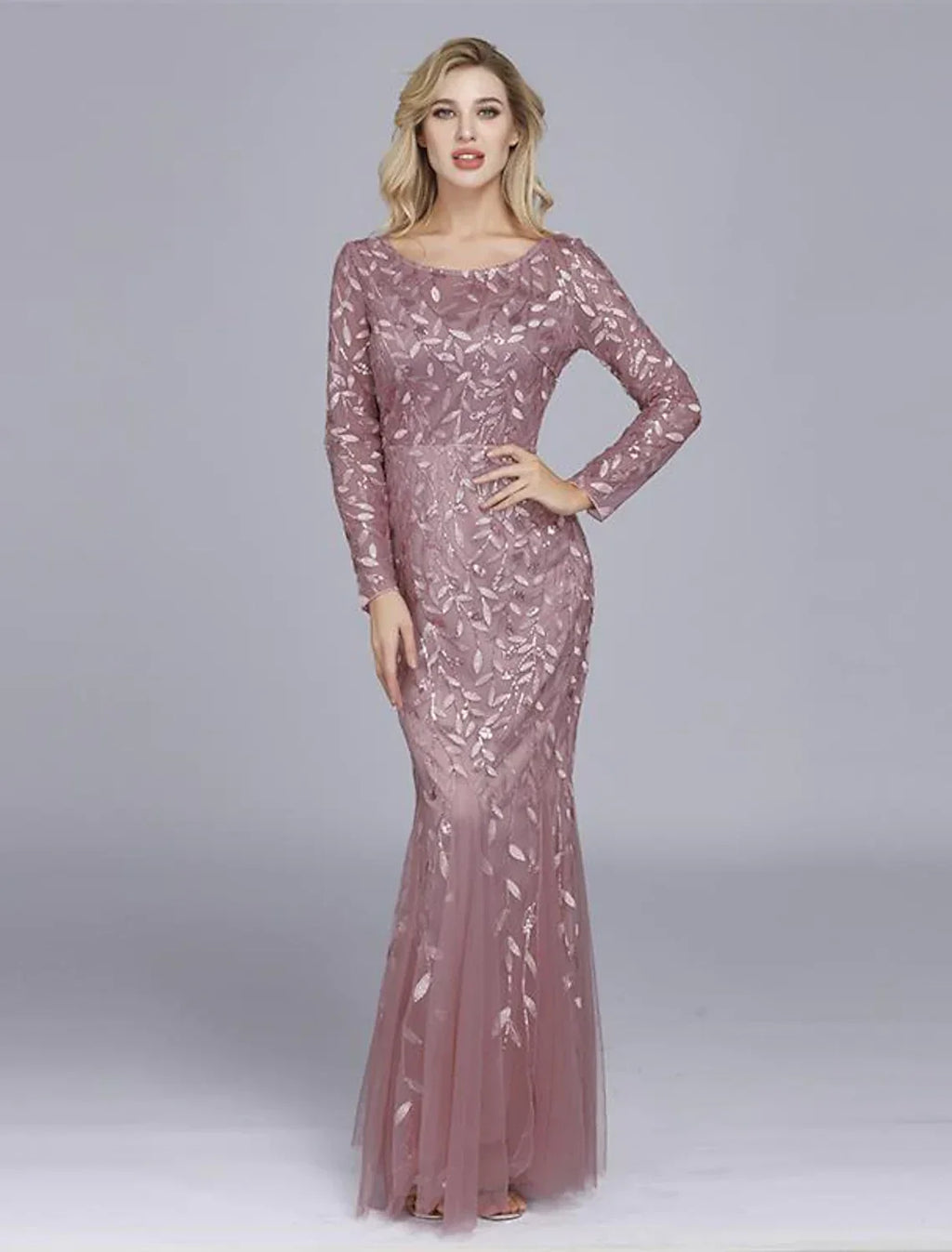 Party Wear Formal Evening Dress Long Sleeve Floor Length with Embroider