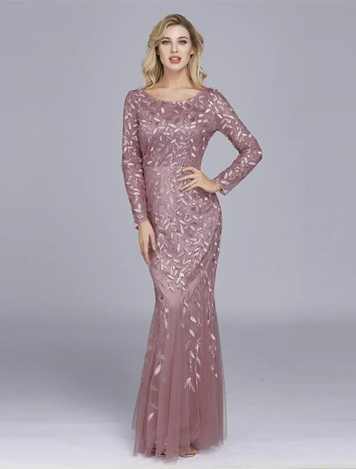 Party Wear Formal Evening Dress Long Sleeve Floor Length with Embroider