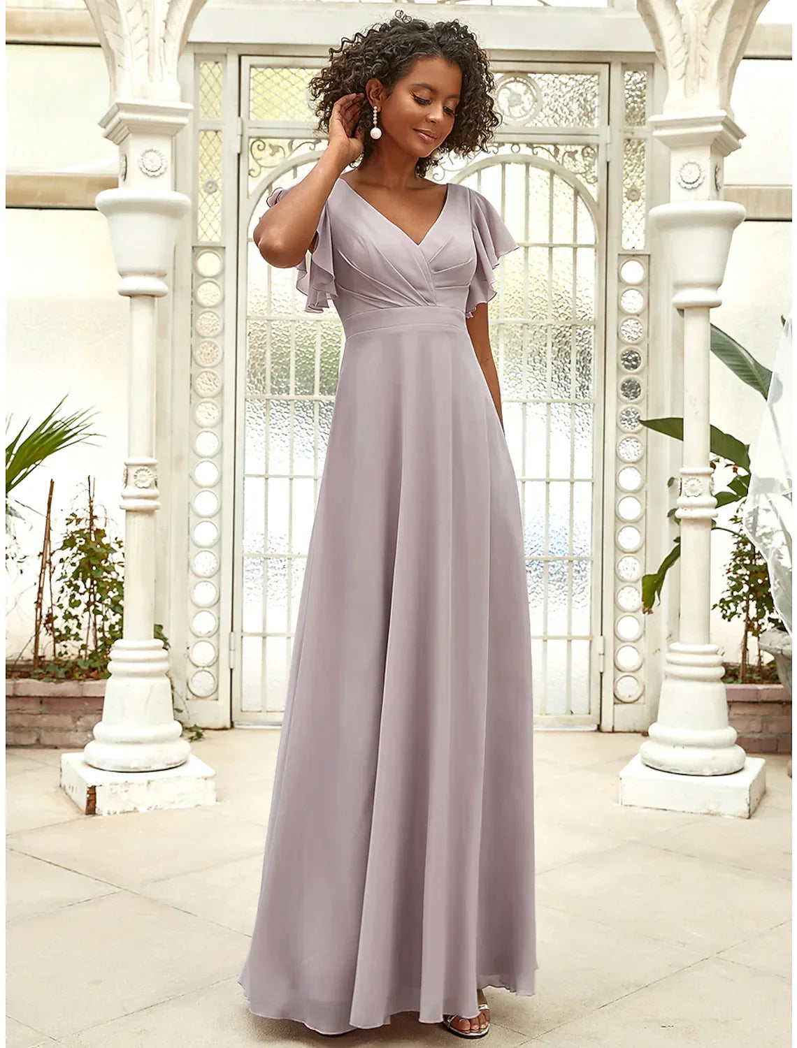Evening Gown Vintage Dress Wedding Guest Floor Length Short Sleeve V Neck with Ruffles