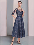 Mother of the Bride Dress Wedding Guest Elegant Scoop Neck Tea Length Half Sleeve with Ruching Solid Color