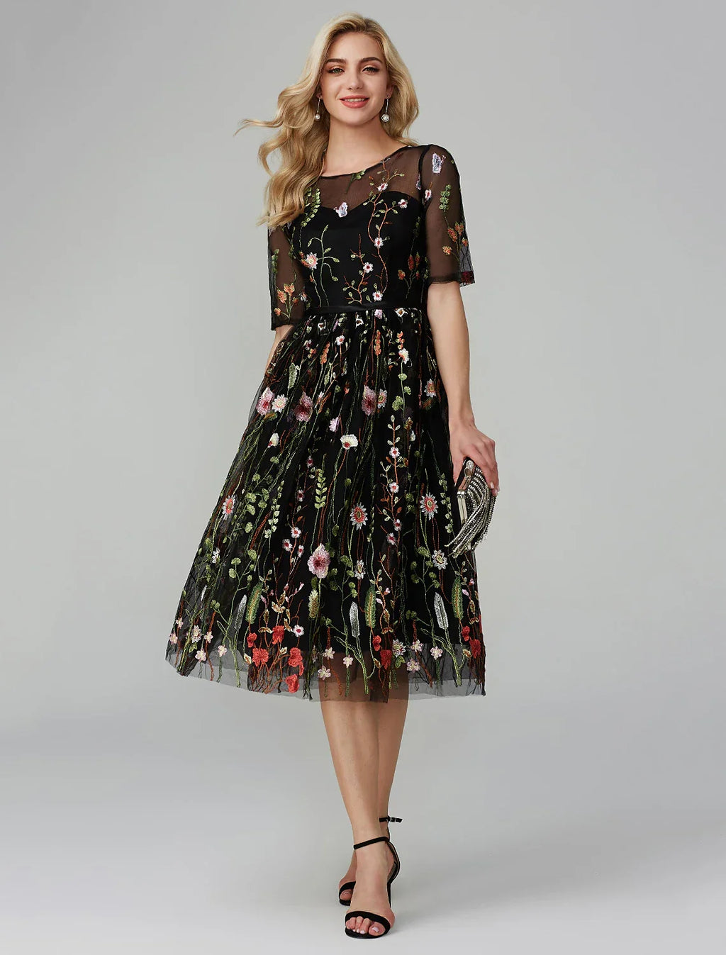 Holiday Tea Length Half Sleeve Illusion Neck Fall Wedding Guest with Embroidery Appliques