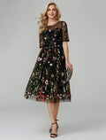 Holiday Tea Length Half Sleeve Illusion Neck Fall Wedding Guest with Embroidery Appliques