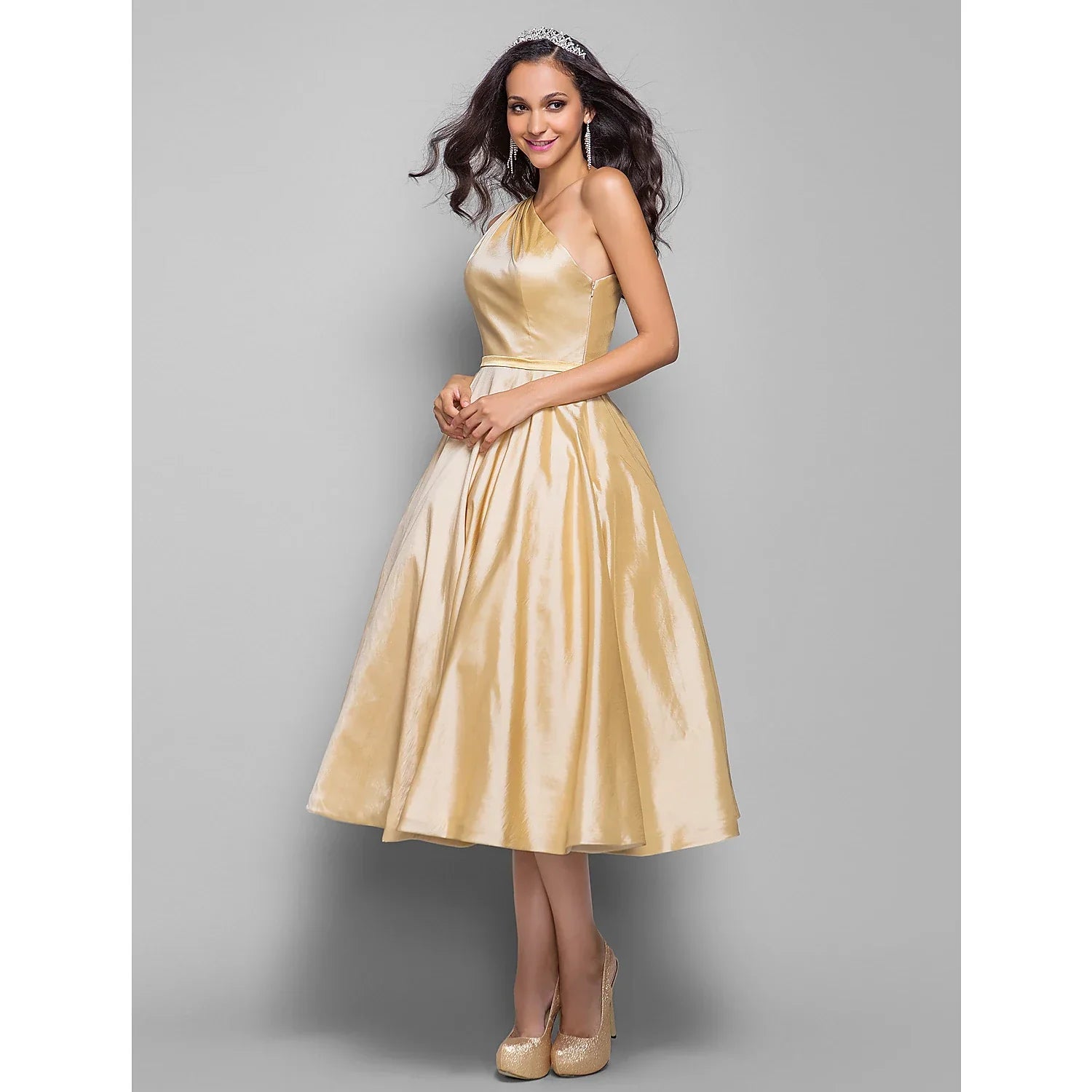 Minimalist Elegant Cocktail Party Wedding Party Dress One Shoulder Sleeveless Tea Length Taffeta with Sash / Ribbon