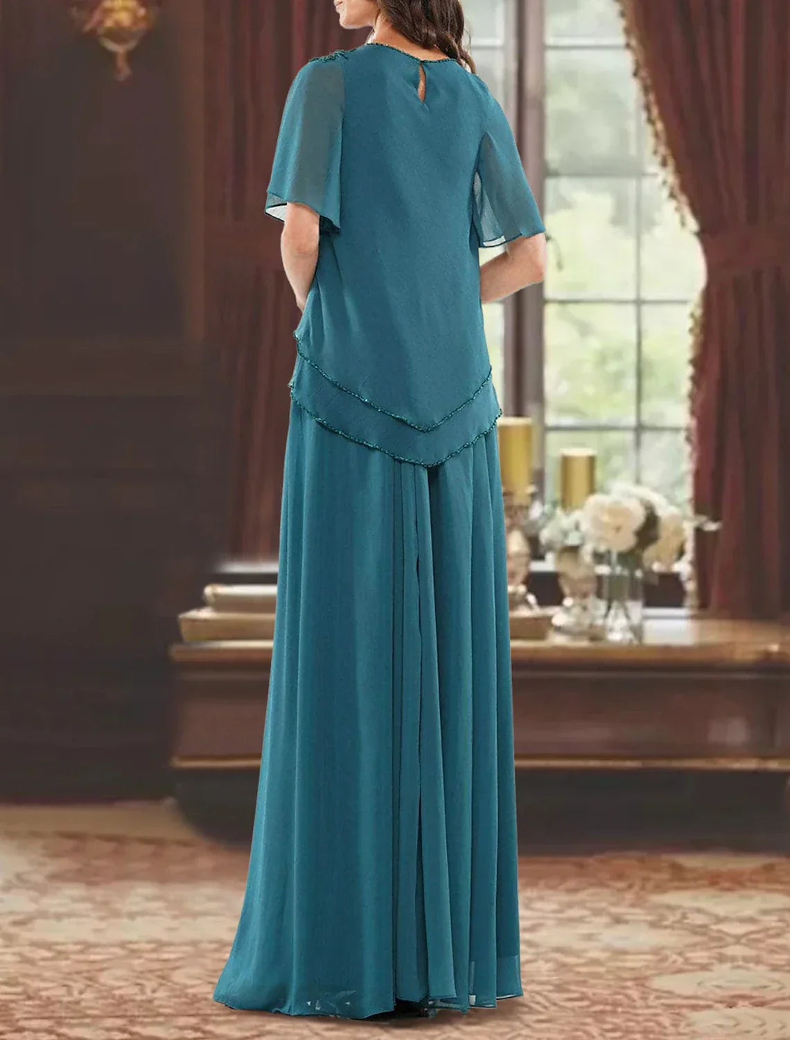 Mother of the Bride Dress Formal Wedding Guest Elegant Jewel Neck Floor Length Short Sleeve with Pleats Beading