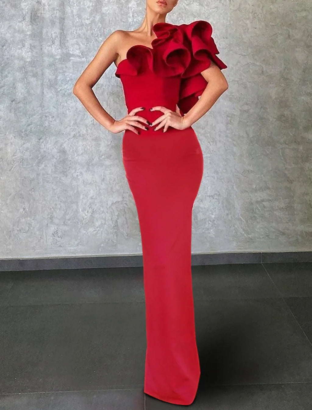Mermaid / Trumpet Evening Gown Celebrity Style Dress Formal Wedding Guest Floor Length Sleeveless One Shoulder Fabric with Ruffles