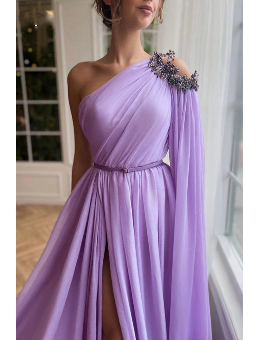 Evening Gown Elegant Dress Formal Wedding Guest Sweep / Brush Train Sleeveless One Shoulder Capes with Slit Shawl
