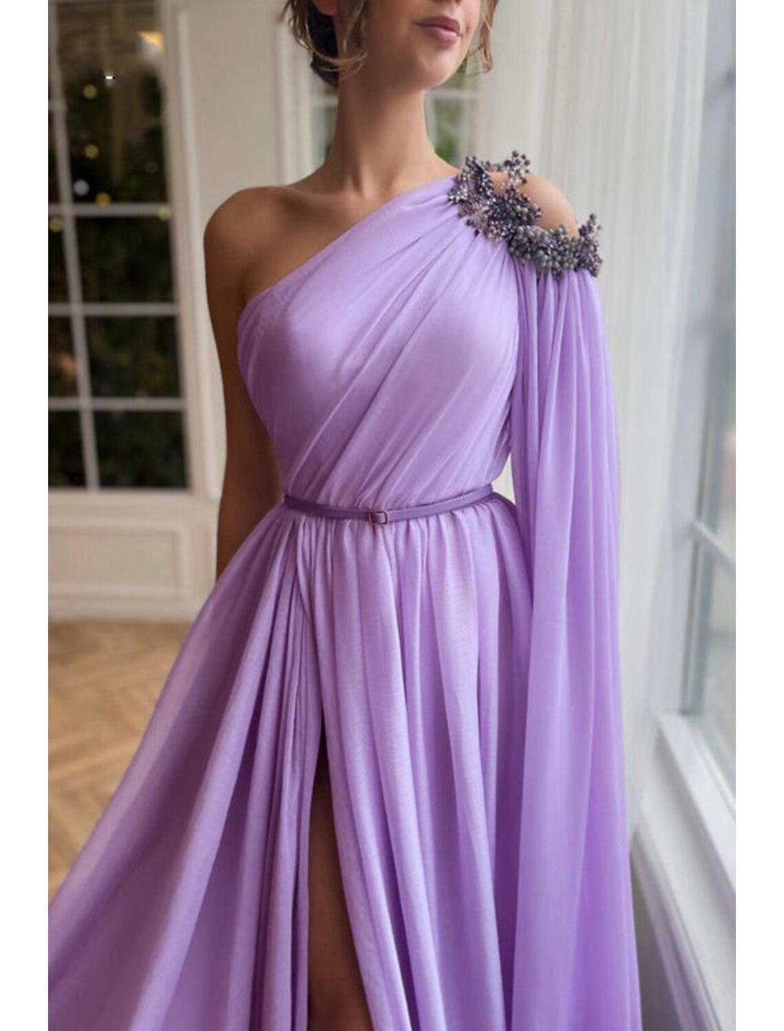Evening Gown Elegant Dress Formal Wedding Guest Sweep / Brush Train Sleeveless One Shoulder Capes with Slit Shawl