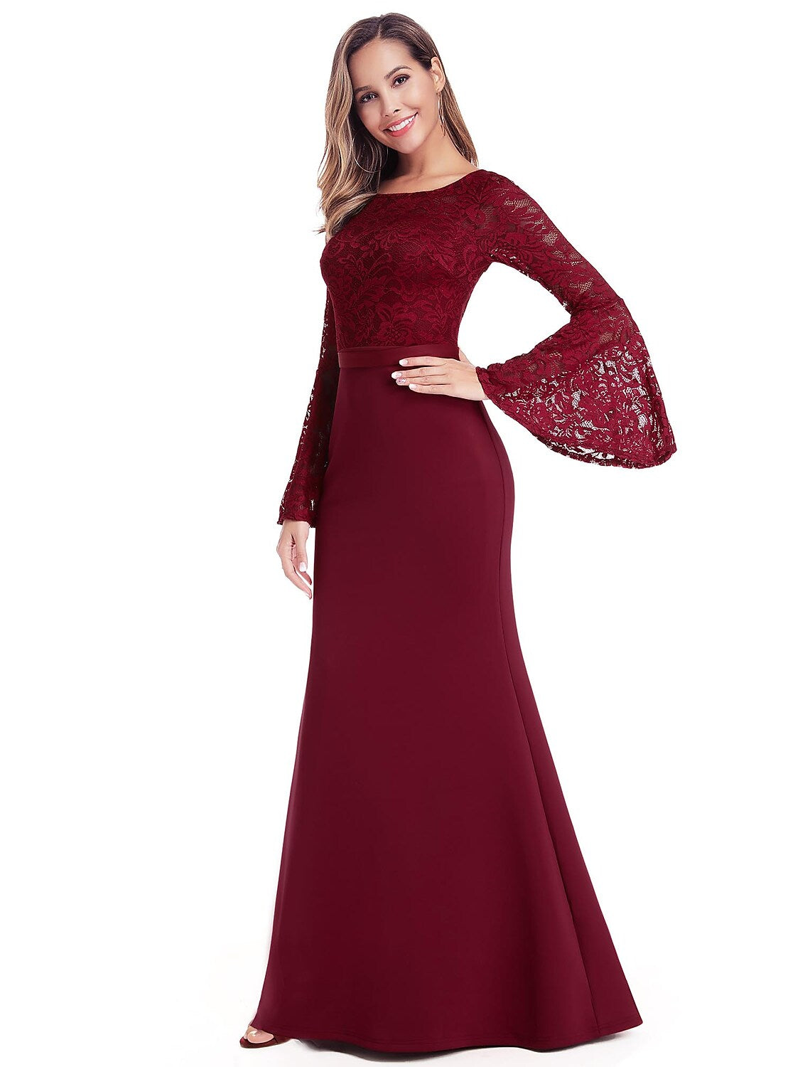 Evening Gown Dress Wedding Guest Floor Length Long Sleeve with Appliques