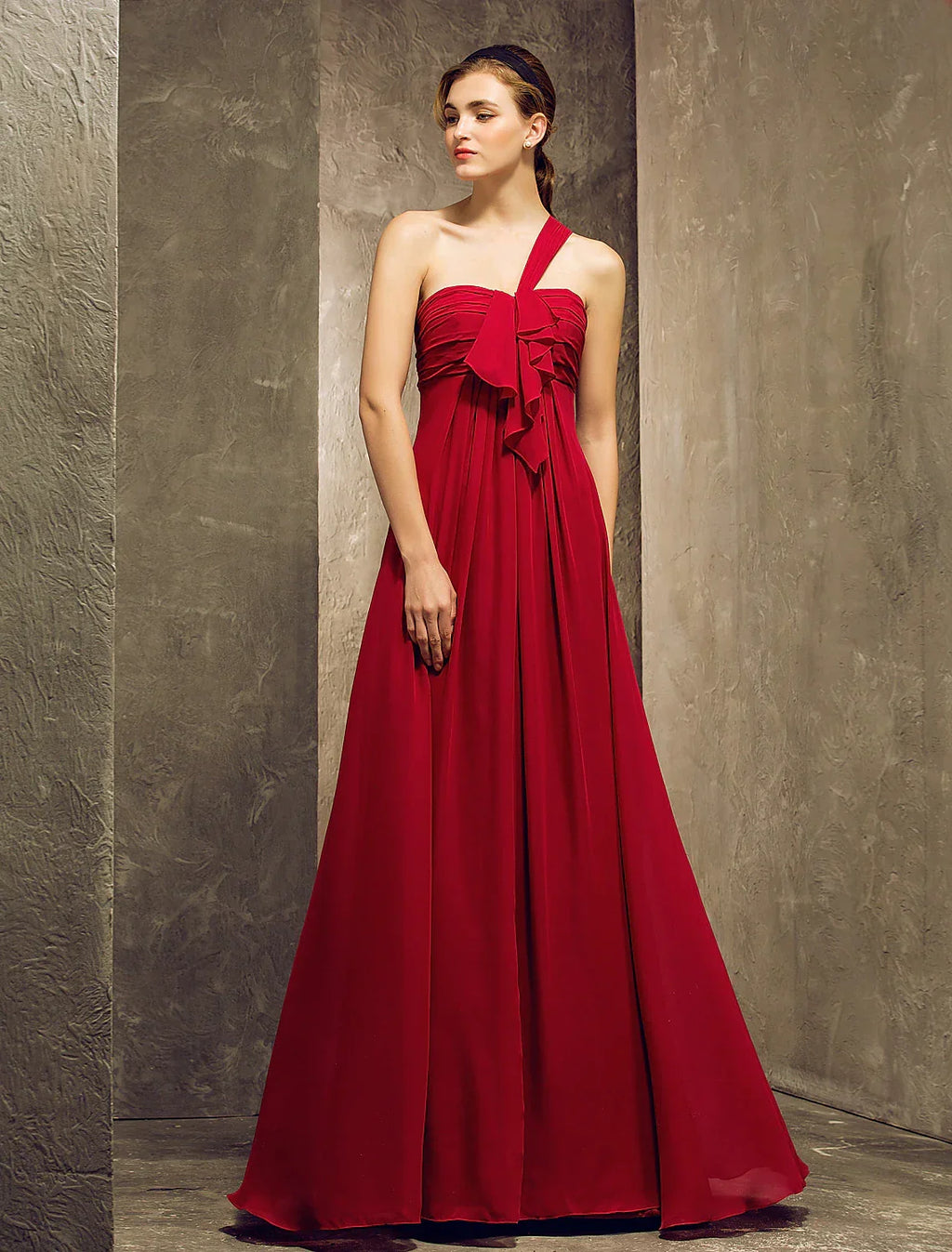 Bridesmaid Dress One Shoulder Sleeveless Elegant Floor Length with Ruffles