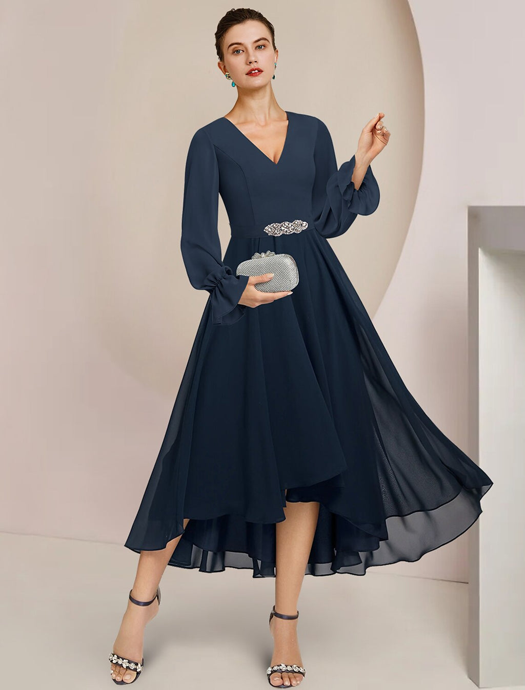 Mother of the Bride Dress Formal Wedding Guest Elegant High Low Scoop Neck V Neck Asymmetrical Tea Length Long Sleeve with Crystal Brooch