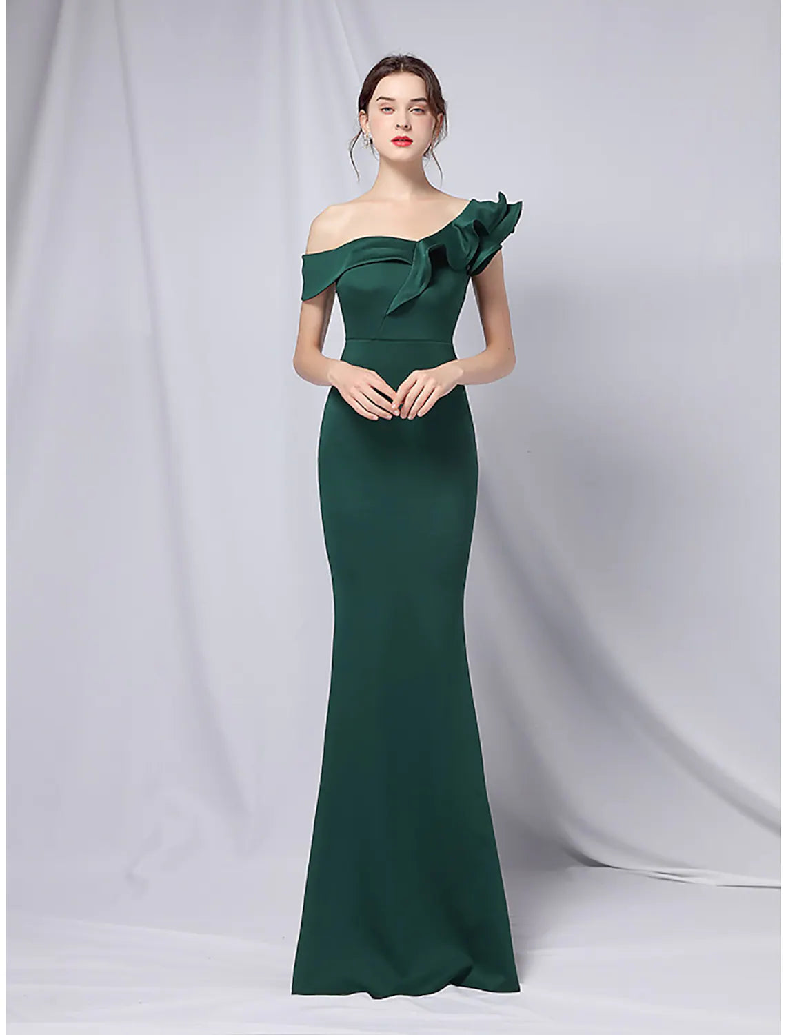 Evening Gown Dress Wedding Guest Floor Length Short Sleeve One Shoulder with Ruffles