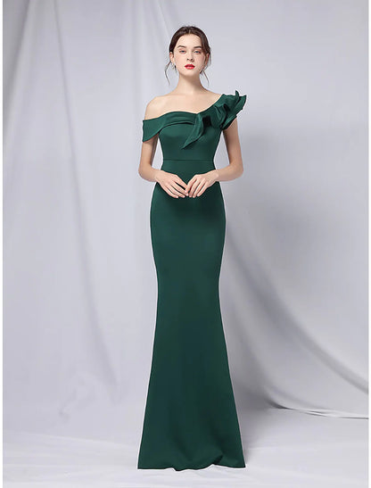 Elegant Red A-Line One-Shoulder Short-Sleeve Classic-Back Floor-Length Wedding Dress